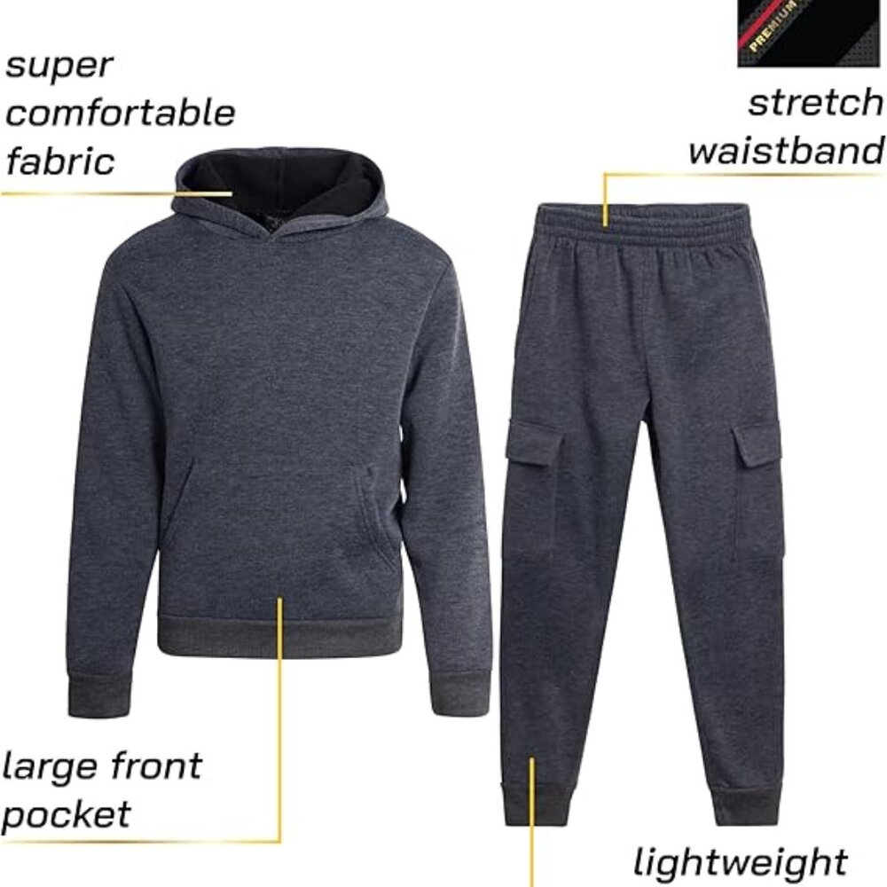 NEW Quad Seven Boys' Fleece Jogger Set Basic Solid Pullover Hoodie & Cargo Pants
